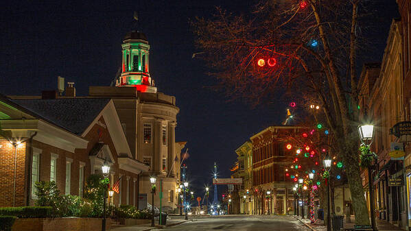 Bath Maine Front Street Main Street Holiday Christmas Night Art Print featuring the photograph Christmas in Bath by David Hufstader