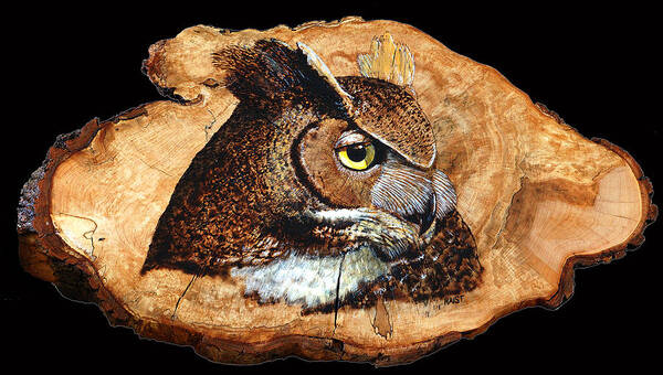 Owl Art Print featuring the pyrography Owl on Oak Slab #2 by Ron Haist