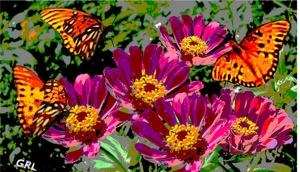 Flowers Art Print featuring the painting Butterflies And Zinnias Florida Contemporary Digital Art by G Linsenmayer
