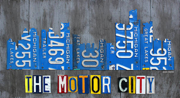 Detroit Art Print featuring the mixed media Detroit The Motor City Skyline License Plate Art on Gray Wood Boards by Design Turnpike