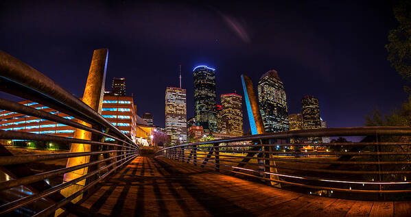 Down Art Print featuring the photograph Down Town Houston from the Buffalo Bayou Bridge by Micah Goff