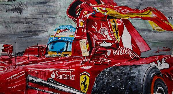 Fernando Alonso Art Print featuring the painting Fernando Alonso and Ferrari F10 by Juan Mendez