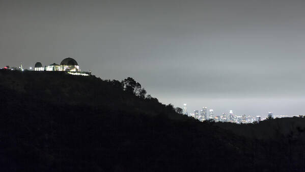 Griffith Park Observatory Art Print featuring the photograph Griffith Park Observatory and Los Angeles Skyline at Night by Belinda Greb