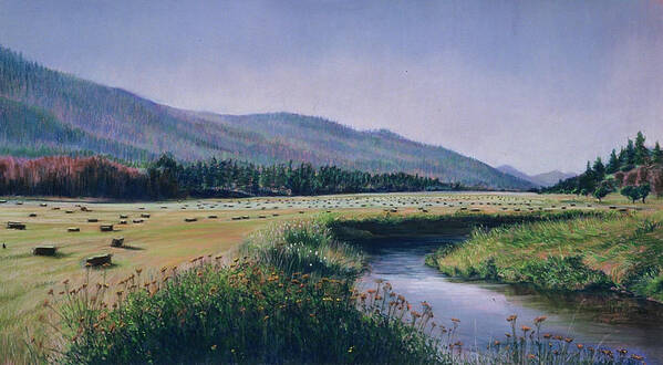 Birdseye Art Studio Art Print featuring the painting Hayfield and River by Nick Payne