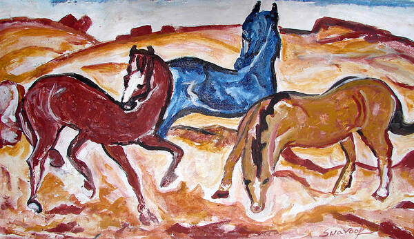 Paintings In Acrylics And Oils On --- Indian Saints Art Print featuring the painting Horses 3 by Anand Swaroop Manchiraju