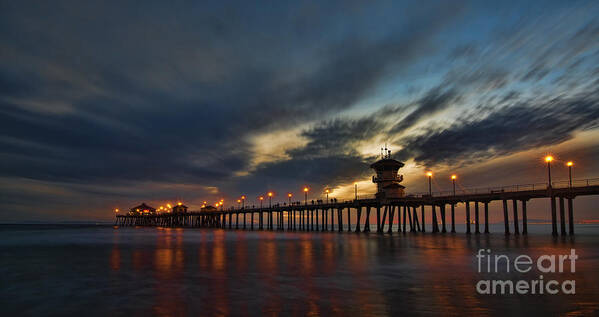 Beach Art Print featuring the photograph Huntington Beach at Night by Peter Dang