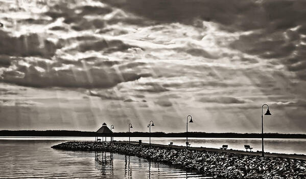 Jetty Art Print featuring the photograph Jetty and Sunrays in BW by Greg Jackson