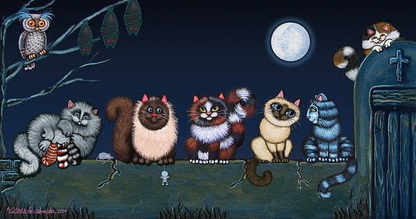 Cat Art Print featuring the painting Moonlight On The Wall by Victoria De Almeida