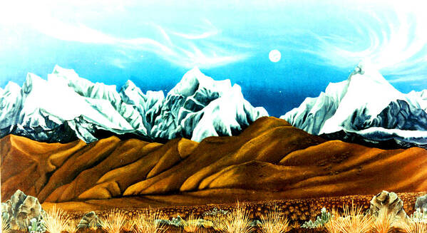 Andes Mountains Art Print featuring the painting New Years Moonrise Qver Cojata Peru Bolivian Frontier by Anastasia Savage Ealy