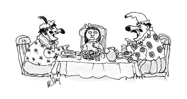 No Caption
Husband And Wife Eat Dinner At Table Dressed As Clowns Art Print featuring the drawing New Yorker May 30th, 1988 by William Steig