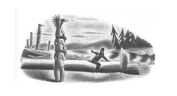 111414 Rta Richard Taylor Indian Sculpting A Totem Pole Has Three Indians Model For Him Art Print featuring the drawing New Yorker September 20th, 1941 by Richard Taylor