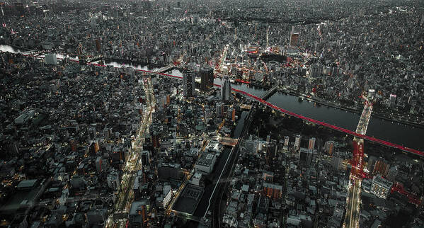 Tokyo Art Print featuring the photograph Red Line In The Dark Tokyo. by Carmine Chiriaco'