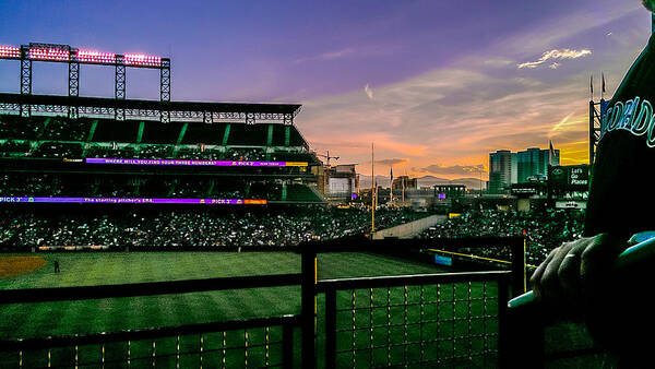 Baseball Art Print featuring the photograph Rockies game at sunset by Stacy Abbott