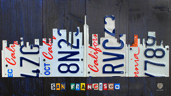 San Art Print featuring the mixed media San Francisco California Skyline License Plate Art by Design Turnpike