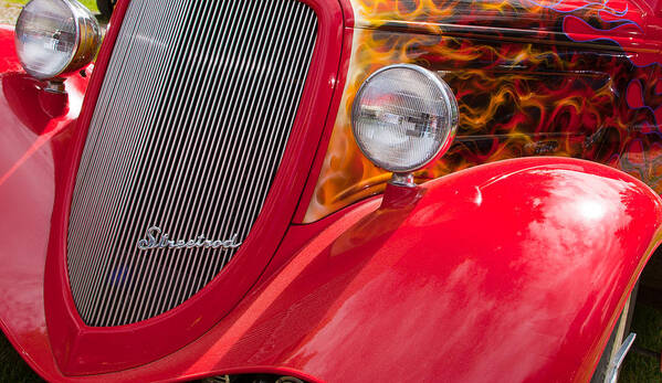 Custom Car Show Shine Classic Ford Blue Granum Alberta Canada Red Detail Street Rod Headlamps Chrome Art Print featuring the photograph Streetrod Red by Mick Flynn