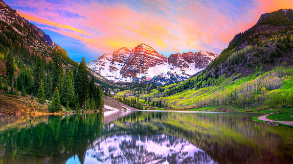Maroon Bells Art Print featuring the photograph Sunset at Maroon Bells and Maroon Lake Aspen CO by James O Thompson