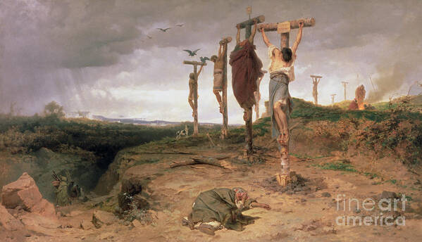 Crucifixion; Crucified; Executed; Dead; Mourning; Crying; Weeping; Sorrow; Dramatic; Capital Punishment; Grief; Martyr; Christian; Cross; Dying; Male Art Print featuring the painting The Damned Field Execution place in the Roman Empire by Fedor Andreevich Bronnikov