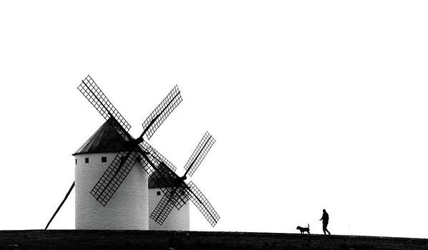 Windmill Art Print featuring the photograph The Man, The Dog And The Windmills by J. Antonio Pardo