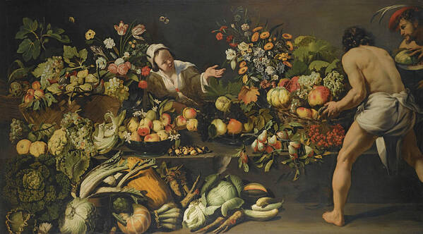 Italo - Flemish School Art Print featuring the painting Vegetables And Flowers Arranged by MotionAge Designs
