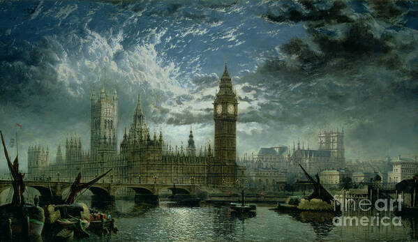 Big Ben;london;thames;river Art Print featuring the painting A View of Westminster Abbey and the Houses of Parliament by John MacVicar Anderson