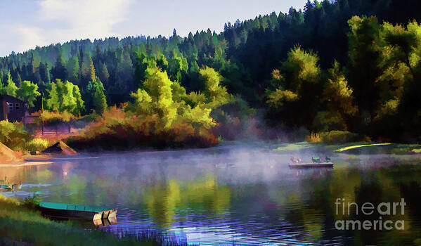 Landscape Art Print featuring the photograph Blue Lake Spring Misty Geese by Chuck Kuhn