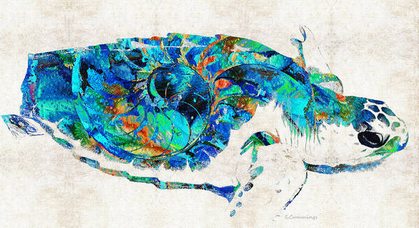 Sea Turtle Art Print featuring the painting Blue Sea Turtle by Sharon Cummings by Sharon Cummings