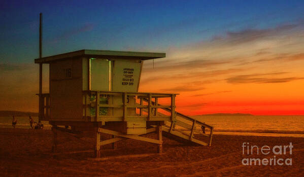 California Lifeguard Tower At Sunset Fine Art Photography Print For Beach Lovers As Wall Hanging For The Home Or Office Art Print featuring the photograph California Lifeguard Tower At Sunset by Jerry Cowart