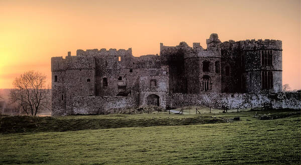 Carew Castle Art Print featuring the photograph Carew Castle Coral Sunset by Steve Purnell