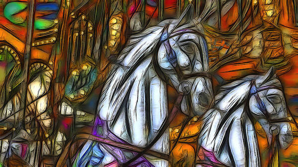 Carousel Art Print featuring the digital art Carousel Horses by Jean-Marc Lacombe