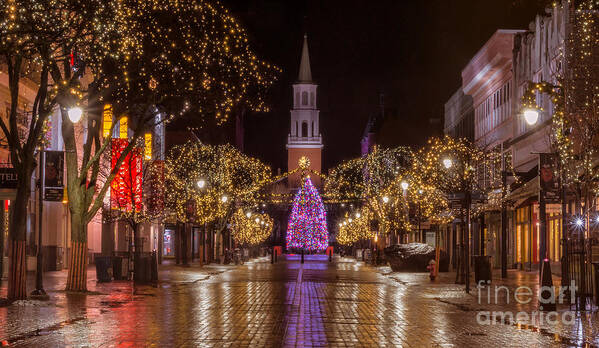 Burlington Vermont Art Print featuring the photograph Christmas time on Church Street. by New England Photography