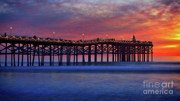 Crystal Pier Art Print featuring the photograph Crystal Pier in Pacific Beach decorated with Christmas lights by Sam Antonio