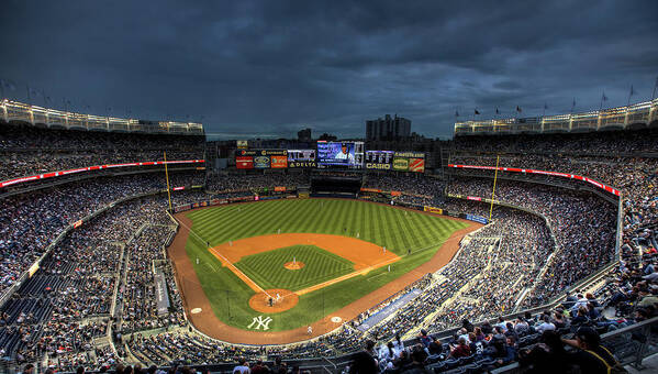 Yankee Stadium Art Print featuring the photograph Dark Clouds over Yankee Stadium by Shawn Everhart