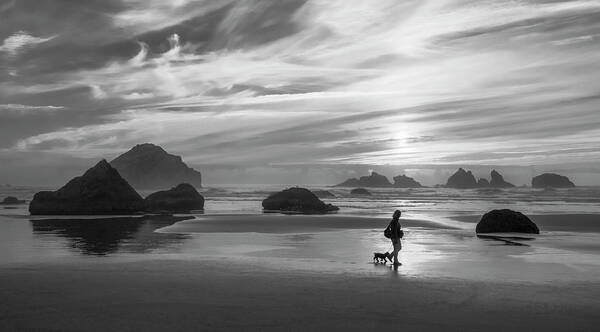 Landscapes Art Print featuring the photograph Dog Walker BW by Steven Clark