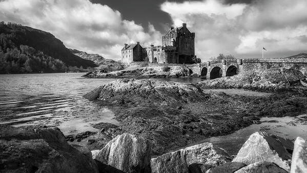 Eilean Donan Art Print featuring the photograph Eilean Donan Castle in black and white by Holly Ross