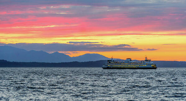 Sunset Art Print featuring the digital art Ferry In Puget Sound by Michael Lee