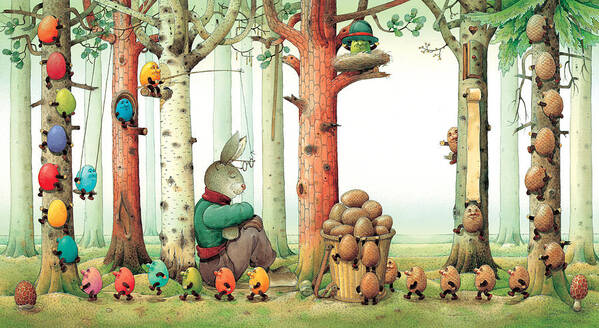 Eggs Easter Forest Art Print featuring the painting Forest Eggs by Kestutis Kasparavicius