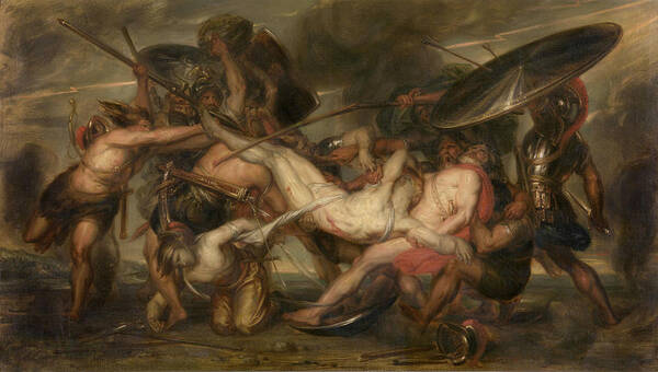 Antione Art Print featuring the painting Greeks and Trojans Fighting over the Body of Patroclus by Antoine Wiertz
