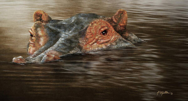 Hippo Art Print featuring the painting Hippo in the River by Kathie Miller