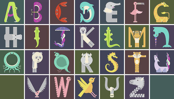 Animal Alphabet Art Print featuring the digital art Horizontal Animal Alphabet Complete Poster by Jen Montgomery