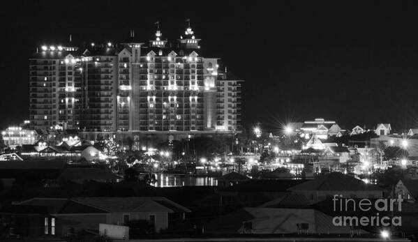 Destin Art Print featuring the photograph Lights of Destin Florida Entertainment District at Night Black and White by Shawn O'Brien
