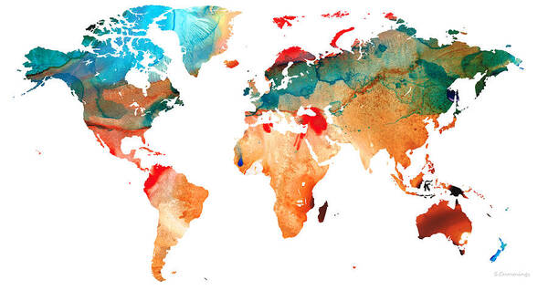 World Map Art Print featuring the painting Map of The World 7 -Colorful Abstract Art by Sharon Cummings