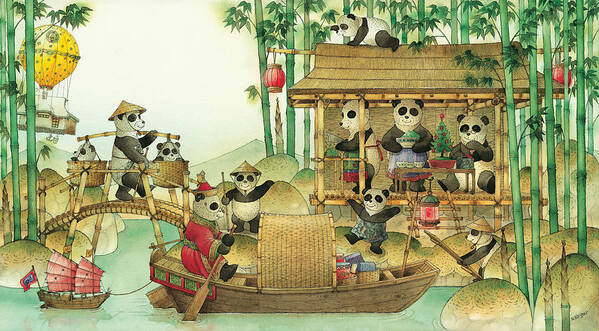 Christmas Greeting Cards Panda China Art Print featuring the painting Pandabears Christmas 03 by Kestutis Kasparavicius