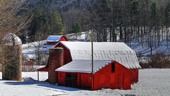 Red Barns And Silo In Snow Art Print featuring the photograph Red Barns And Silo In Snow by Carol Montoya