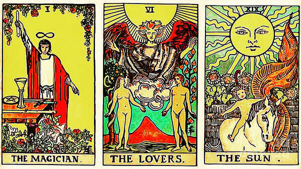 Wingsdomain Art Print featuring the photograph Remastered The Three Tarot The Magician The Lovers and The Sun 20170423 by Wingsdomain Art and Photography