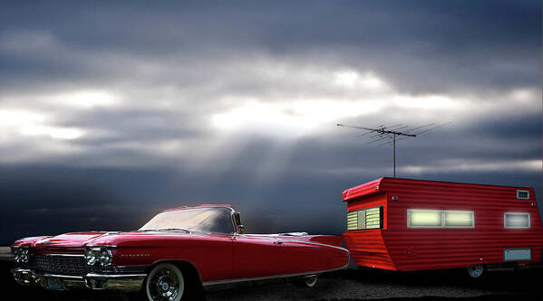 Transportation Art Print featuring the photograph Red Cadillac Travel Trailer Road Trip by Larry Butterworth