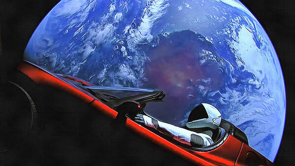 Starman Art Print featuring the photograph Starman in Tesla with planet earth by SpaceX