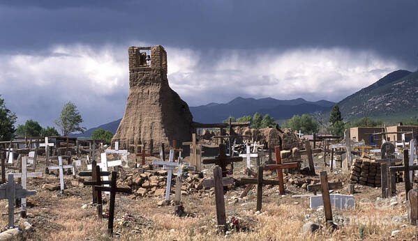 New Mexico Art Print featuring the photograph Storm over Taos Graveyard by Sandra Bronstein