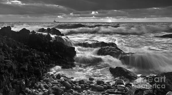 Storm Surge Hallett Cove Adelaide South Australia Seascape Black And White Waves Breaking Rocky Coast Coastline Grey Cloudy Overcast Art Print featuring the photograph Storm Surge by Bill Robinson