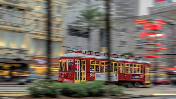 New Orleans Art Print featuring the photograph Street Car Flying Down Canal by Susan Rissi Tregoning
