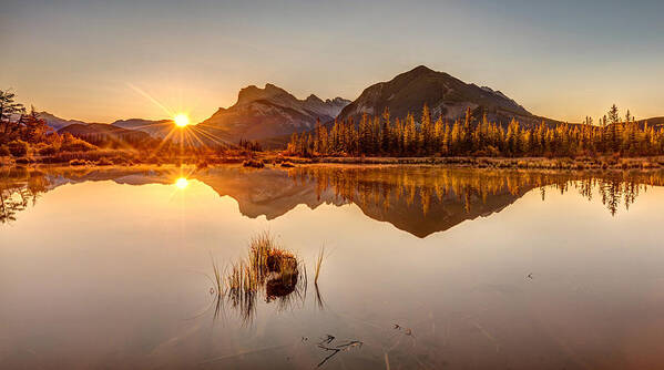 Sunrise Art Print featuring the photograph Sunrise at Banff's Vermilion lakes by Pierre Leclerc Photography